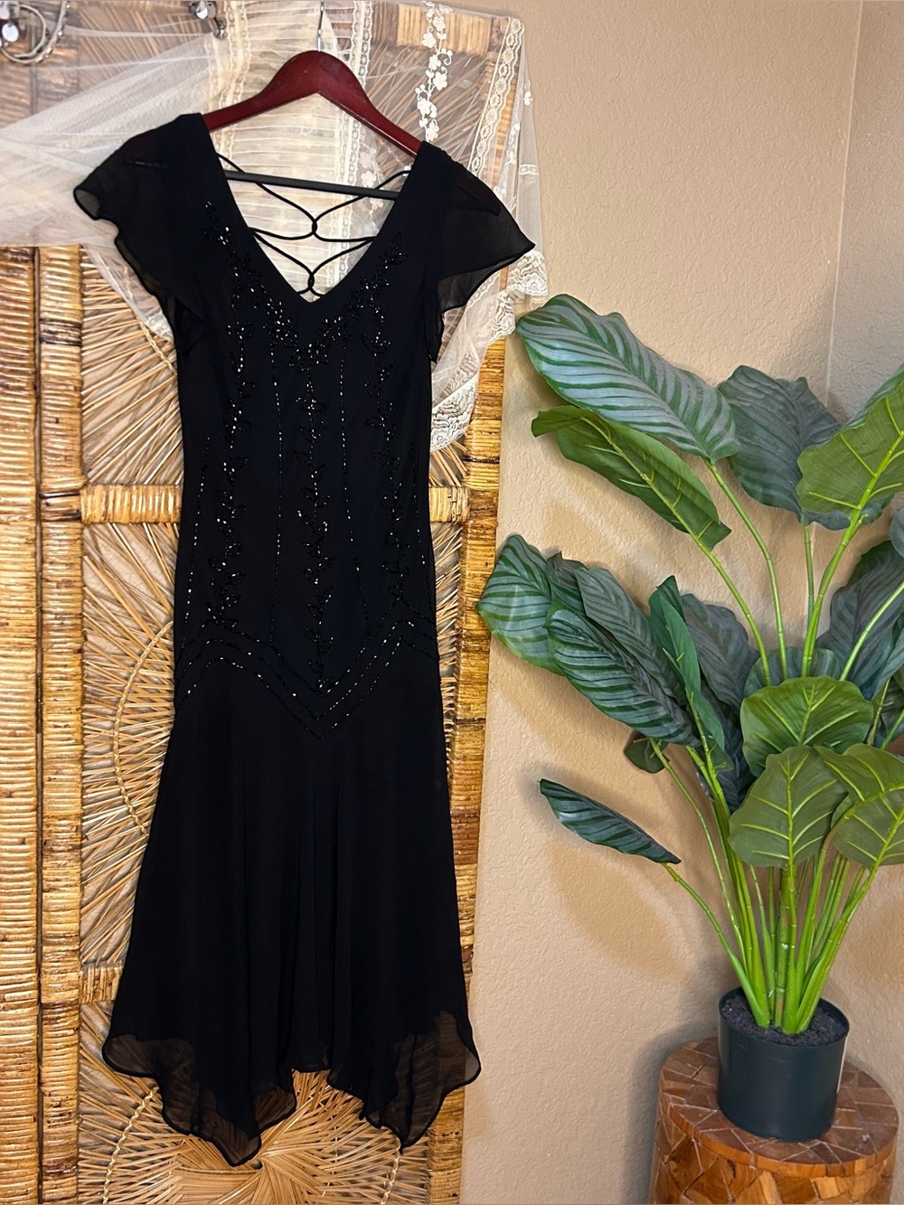 S L Fashions black beaded dress size 8 flowy skirt